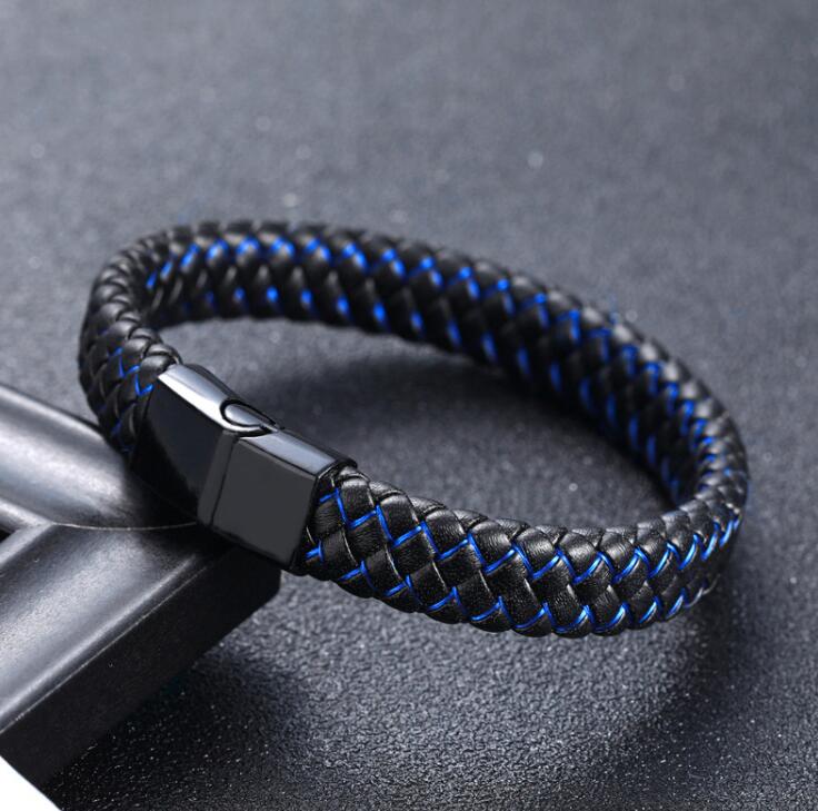 Braided Black Blue Leather Bracelet for Men with Stainless Steel Magnetic Clasp