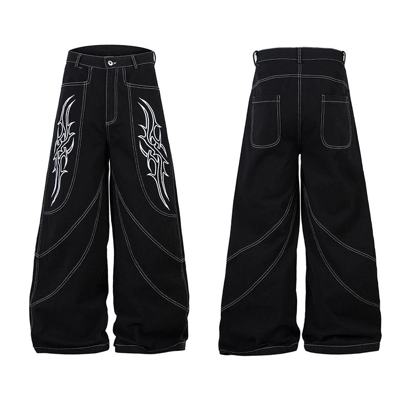 Wide Leg Long Pants with Thorns Embroidery - Unisex  Denim