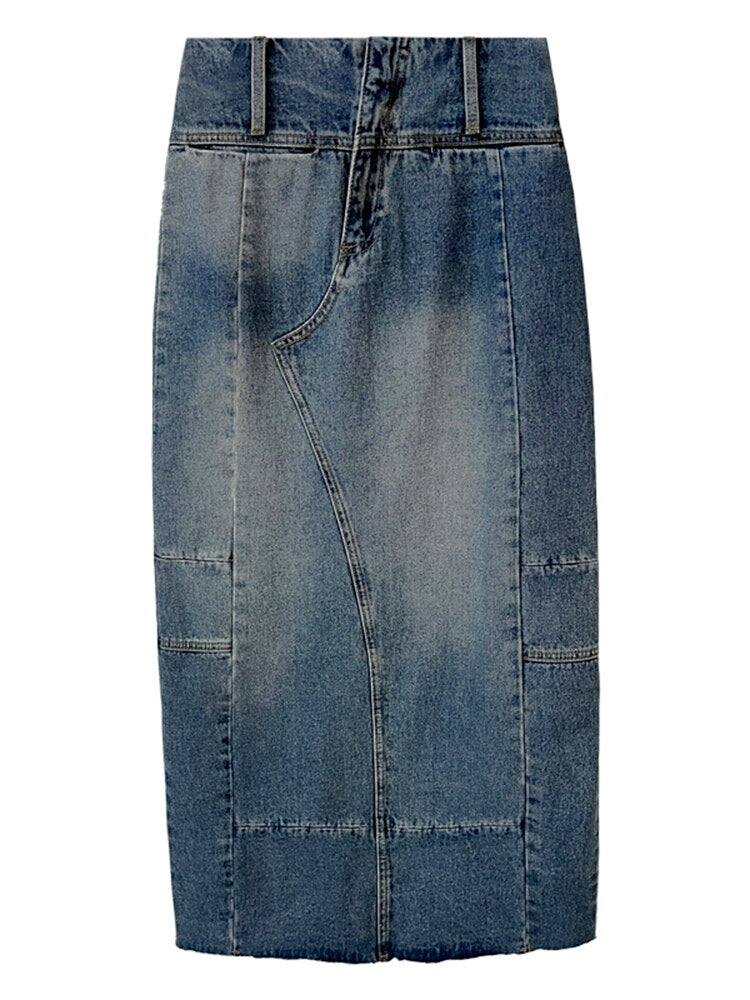 Vintage Distressed Blue Denim Women's Skirt with Zippered Pockets