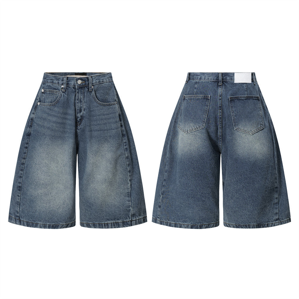 Men's Distressed Wide-Leg Denim Shorts with Patchwork