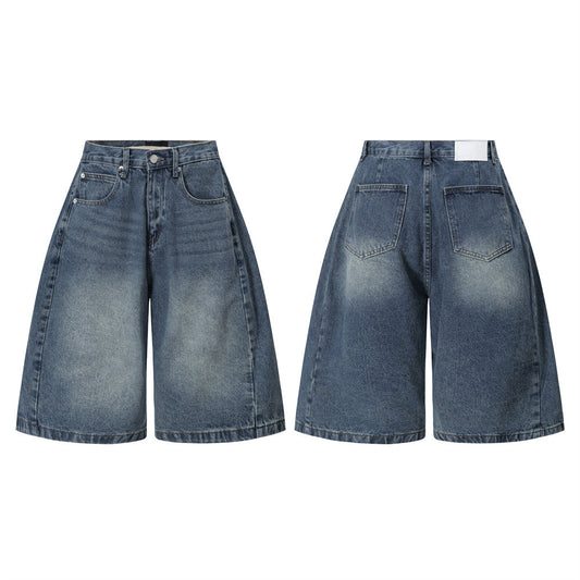 Men's Distressed Wide-Leg Denim Shorts with Patchwork
