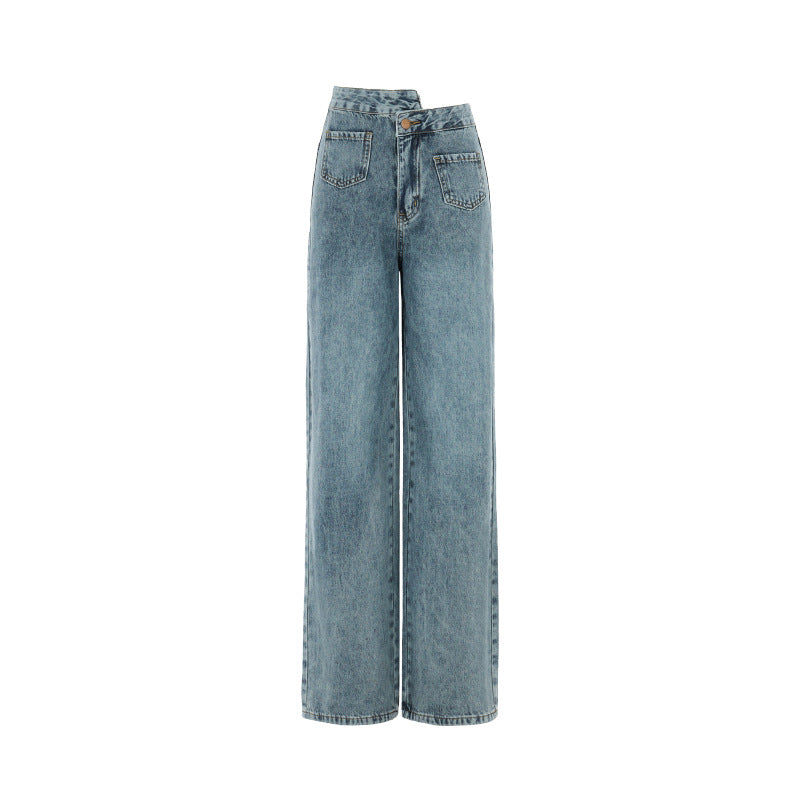 Blue High-Waisted Straight Leg Jeans for Women - Loose Wide-Leg Summer Pants