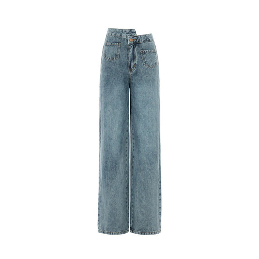 Blue High-Waisted Straight Leg Jeans for Women - Loose Wide-Leg Summer Pants