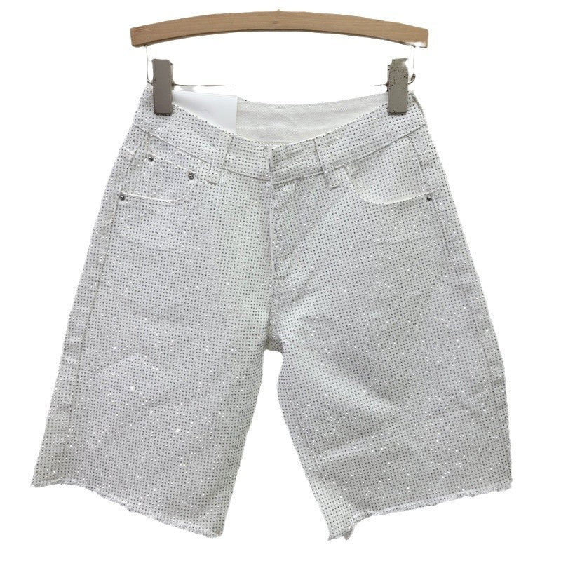 Style Fully Rhinestone Frayed Denim Shorts for Women - High Waist Straight Leg Pants