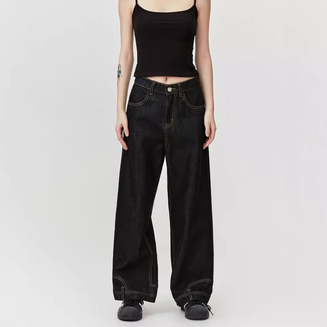 Inverted Reverse Design Washed Distressed Loose Straight Wide Leg Jeans