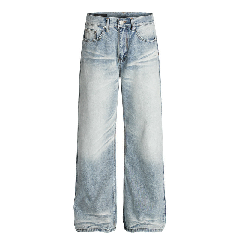 Distressed Washed Straight Leg Denim Jeans for Men