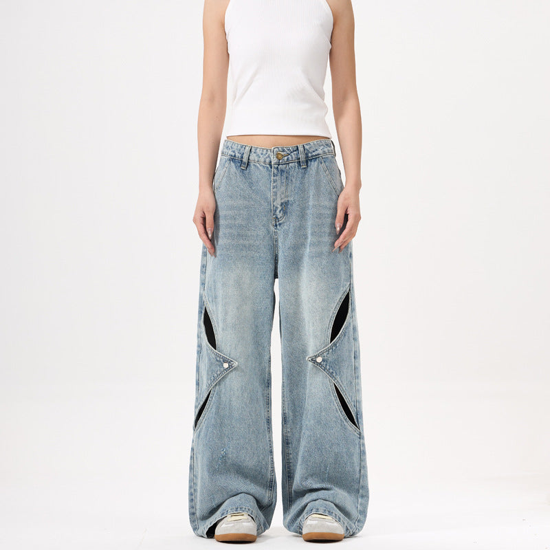 Women's Patchwork Distressed Denim Pants - Loose Straight Floor-Length Trousers