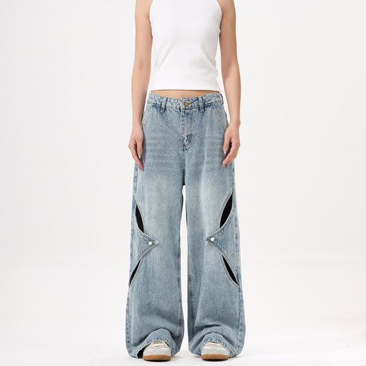Women's Patchwork Distressed Denim Pants - Loose Straight Floor-Length Trousers