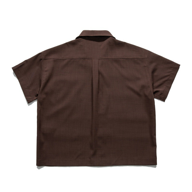 Solid Color Patch Pocket Cuban Collar Loose Workwear Short Sleeved Shirt for Men