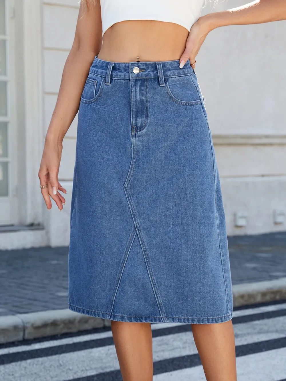 Luxury Japanese Denim Midi Skirt with Back Slit