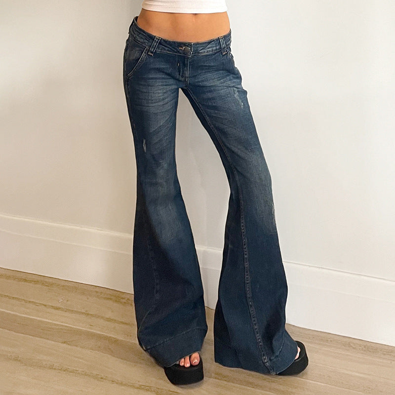 Hot Girl Washed and Worn Low Waisted Slightly Flared Jeans