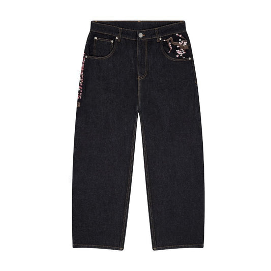 Casual Long Pants with Plum Blossom Embroidery - Loose Wide-Leg Denim Pants for Men