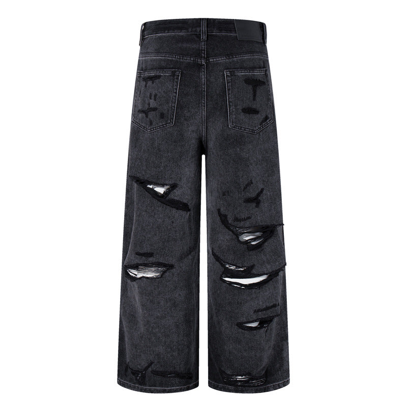 Men's Loose Wide Leg Denim Pants - High Street Post-Apocalyptic Style