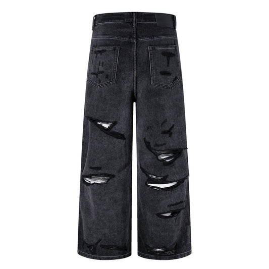 Men's Loose Wide Leg Denim Pants - High Street Post-Apocalyptic Style