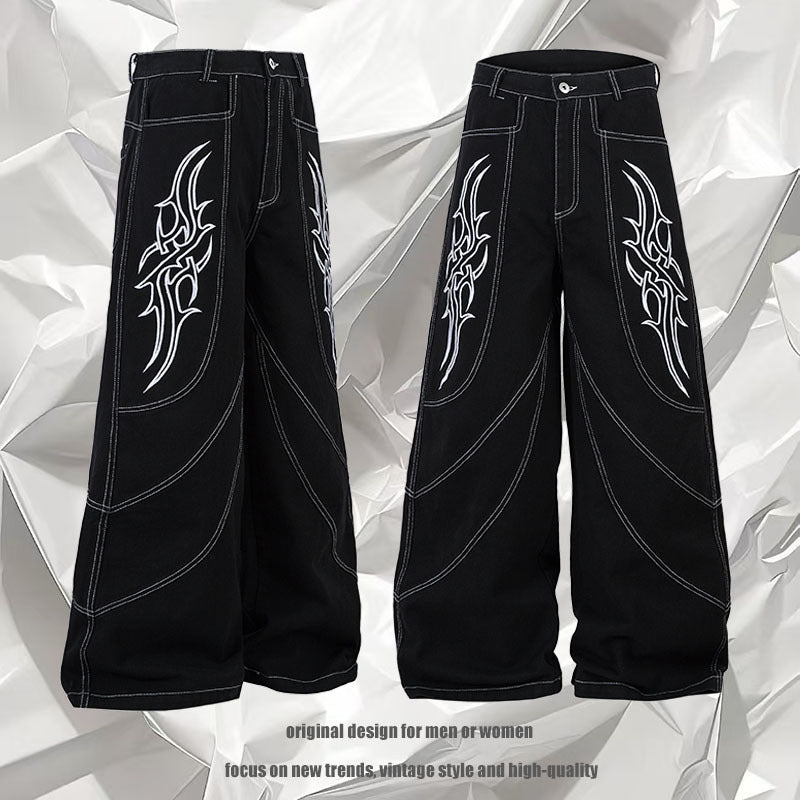 Wide Leg Long Pants with Thorns Embroidery - Unisex  Denim