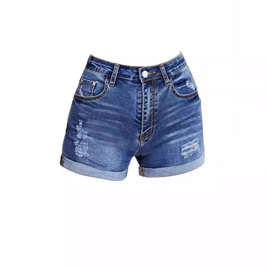 Women's Elastic Denim Shorts with Ripped and Folded Edges