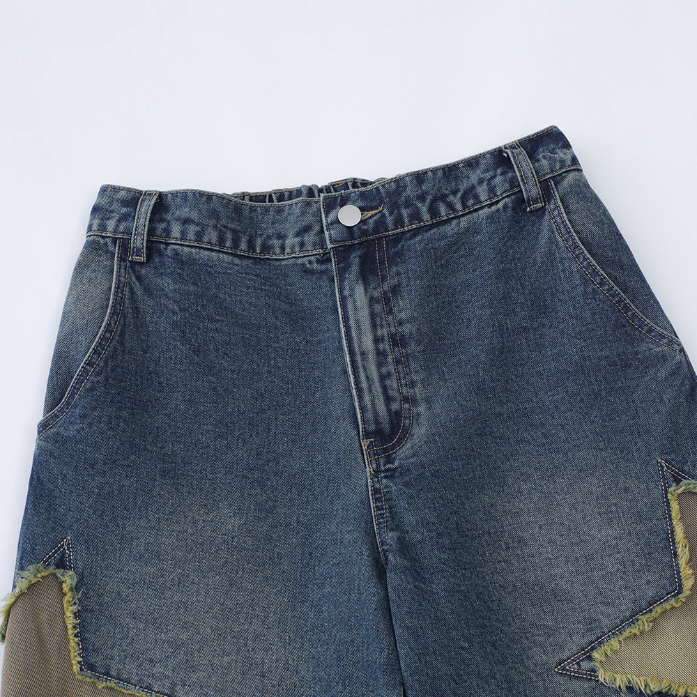 Men's Star-Embroidered Loose Fit Denim Shorts