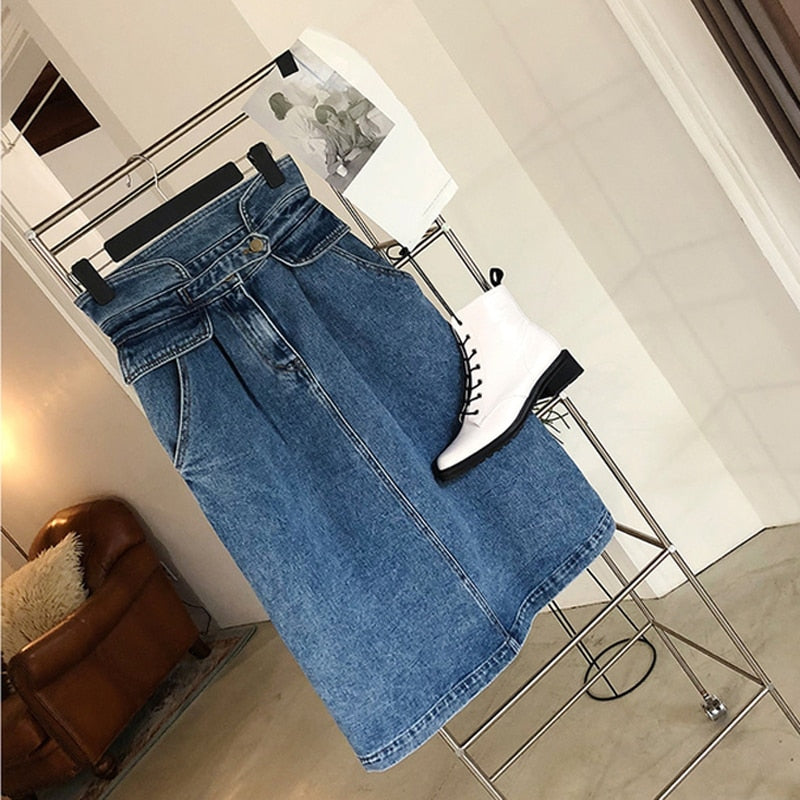Slim High Waist Midi Jean Skirt for Women - Straight Loose Streetwear Denim Skirt with Pockets