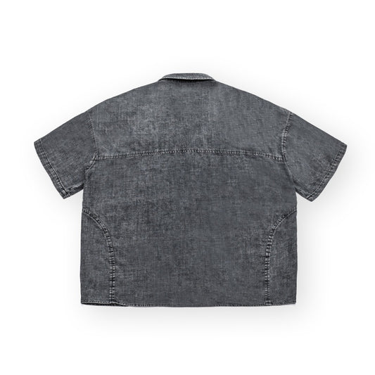 Washed and Distressed Loose-Fit Short-Sleeve Denim Work Shirt for Men