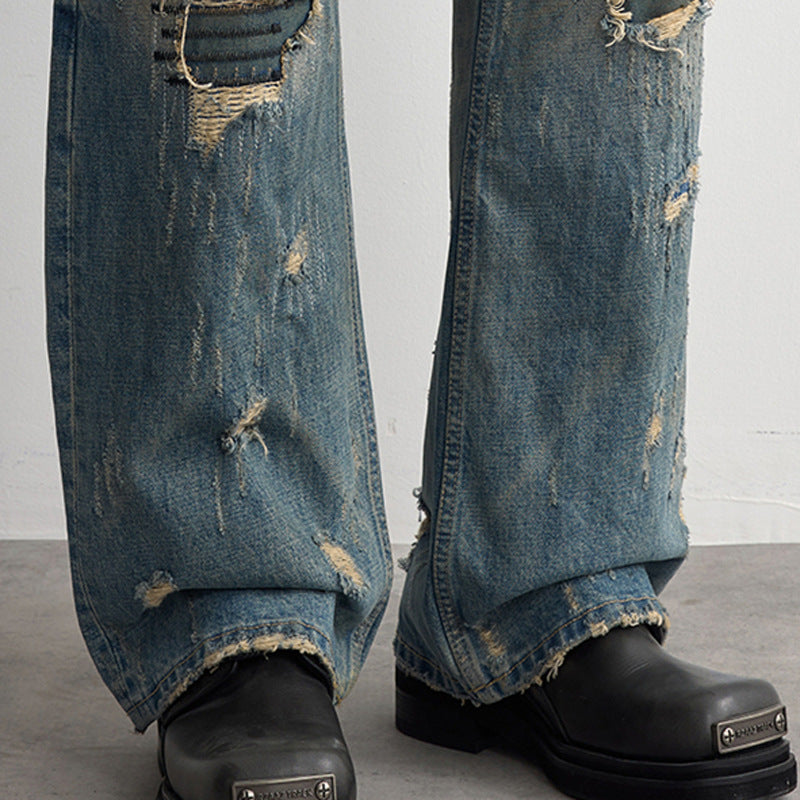 Ripped Patch Denim Pants — Distressed Punk Straight-Leg Mid Rise