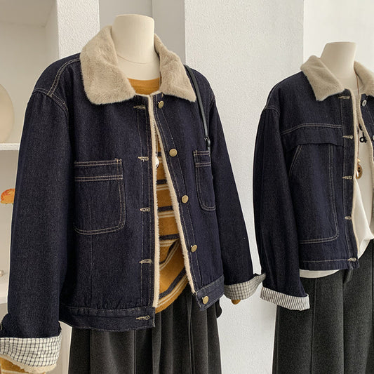 Retro Fleece-Lined Turn-Down Collar Long Sleeve Denim Jacket Top