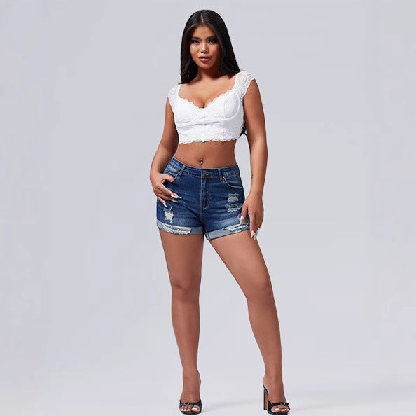 Elastic Hole Rolled Hem High Waist Women's Shorts - Streetwear Denim Pants