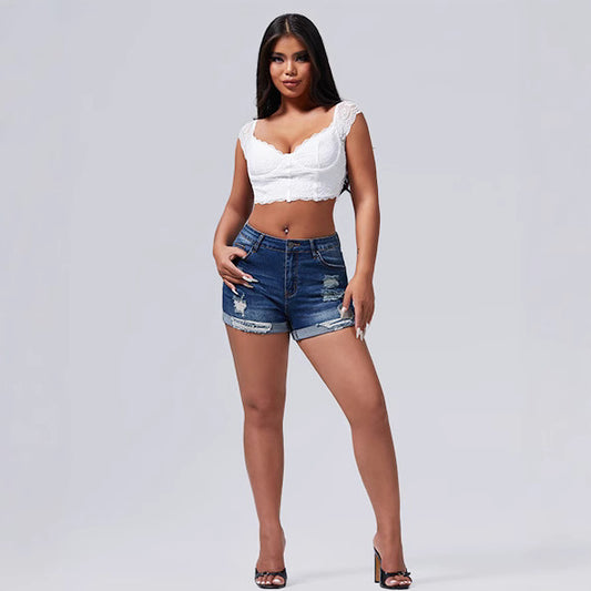 Elastic Hole Rolled Hem High Waist Women's Shorts - Streetwear Denim Pants