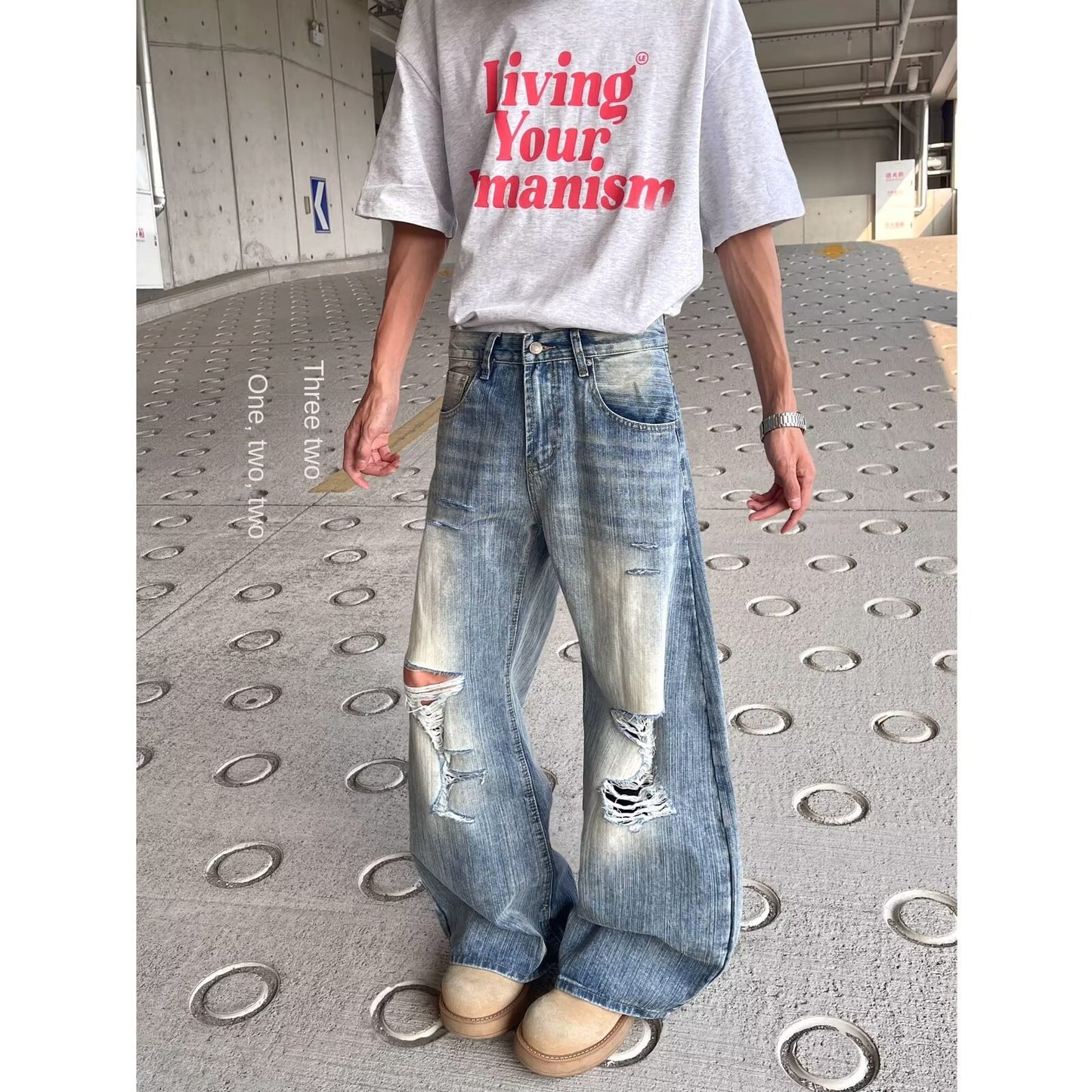 Broken Hole Distressed Denim Loose Fit Wide Leg Long Pants