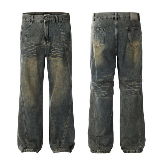 Blue Flared Jeans with Deconstructed Design - Faded  Slim Straight Casual Long Pants