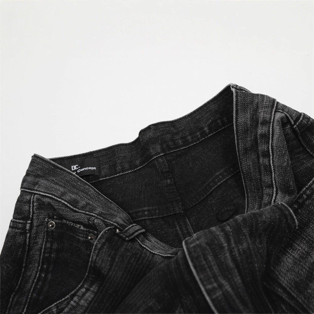 Vintage Men's Jeans - Washed Cat Whisker Curved Knife Pants - Loose Fit