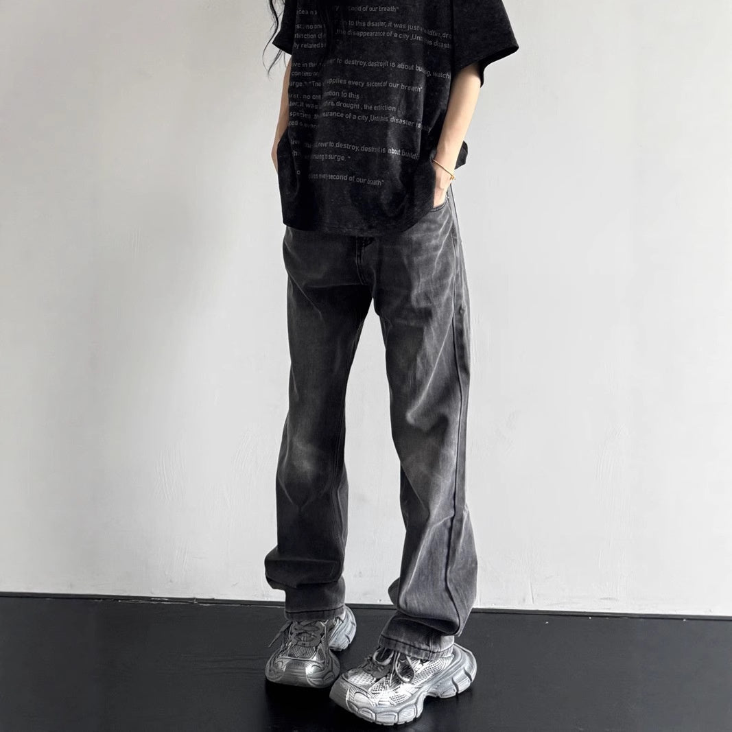 Washed Vintage Black and Gray Loose Slim Straight Jeans for Men