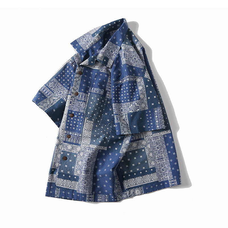 Retro Bandana Print Indian Ethnic Style Cuban Collar Shirt for Men