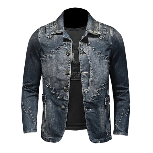 Stylish Ethnic Design Denim Blazer Jacket - Heavyweight Trendy Denim Coat
