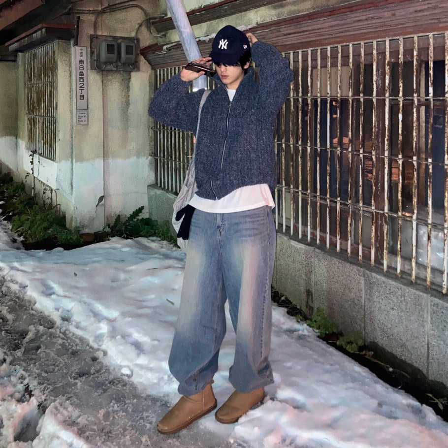 Retro Washed Straight Leg Wide Leg Pants for Men - Winter Loose Warm Floor-Length Trousers - Commuter Outfit