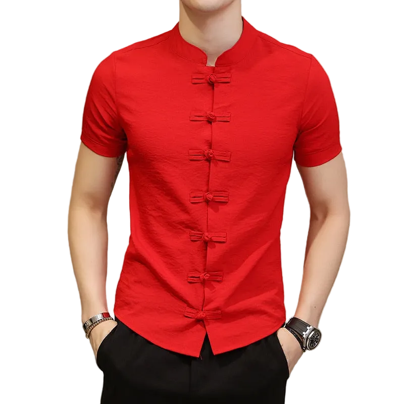 Men's Chinese Style Linen Slim Fit Casual Short Sleeve Shirt