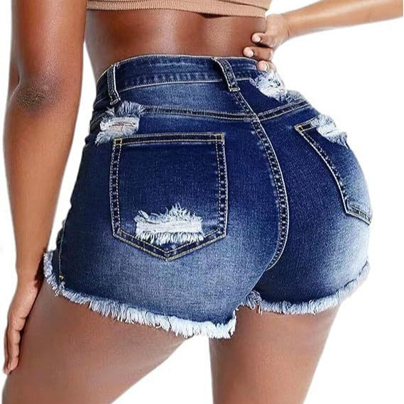 Hole-Trimmed High-Waisted Skinny Denim Shorts for Women - Fashionable Denim Pants