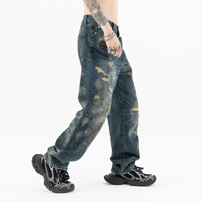 Men's Water-Washed Casual Straight Jeans with High-End Distressed Design