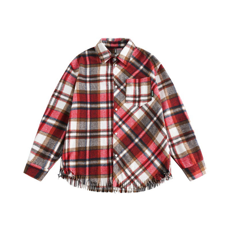 Tassel Plaid Graffiti Long Sleeved Loose Fitting Shirt