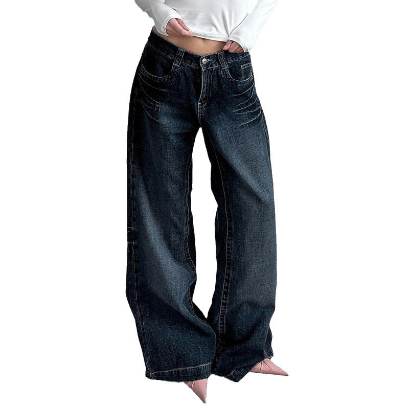 Street Retro Washed Dark Blue Loose Slim Wide Leg Pants