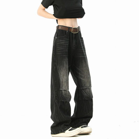 Unisex Four Seasons Loose Design Denim Pants - Straight Leg Wide Leg Long Pants