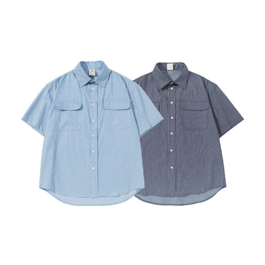 Striped Denim Embroidered Short Sleeved Shirt