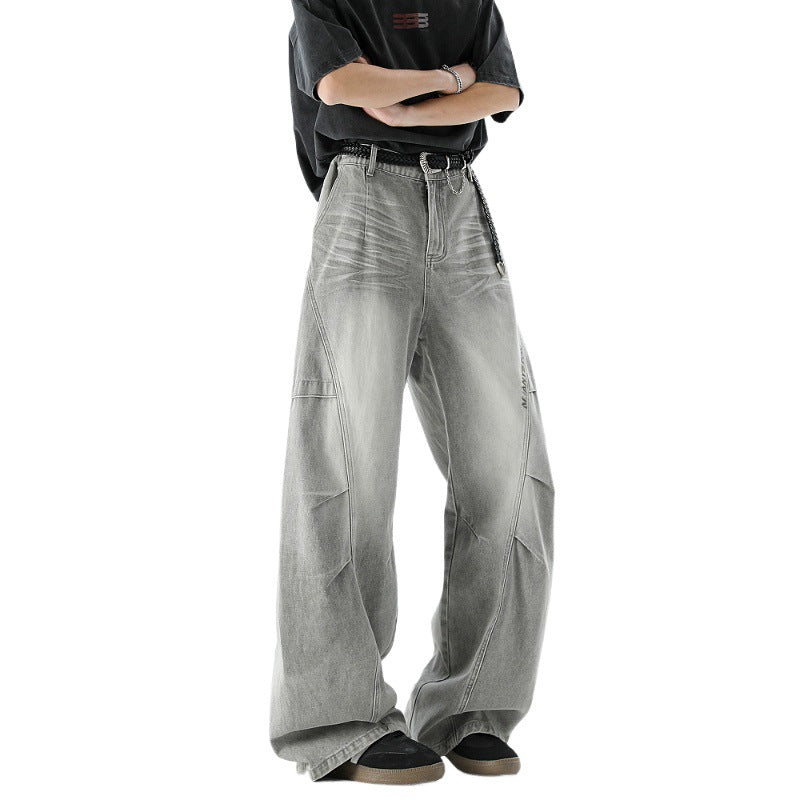 Men's Patchwork Straight Leg Work Pants – Premium Loose Fit Denim