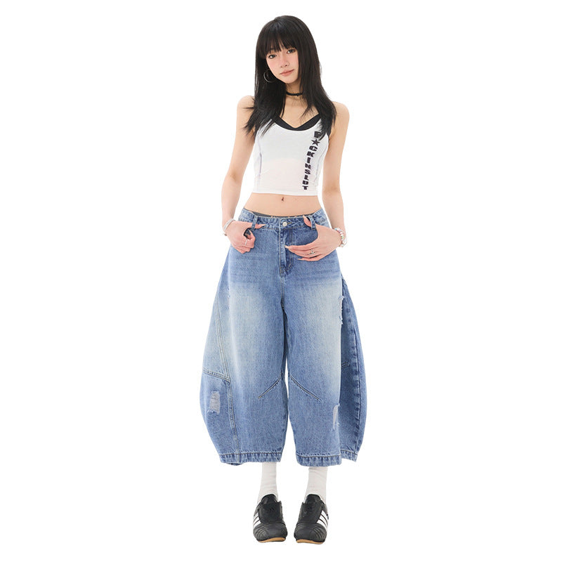 Women's Washed Baggy Hole Slant Leg Wide-Leg Three-Quarter Denim Pants for Couples