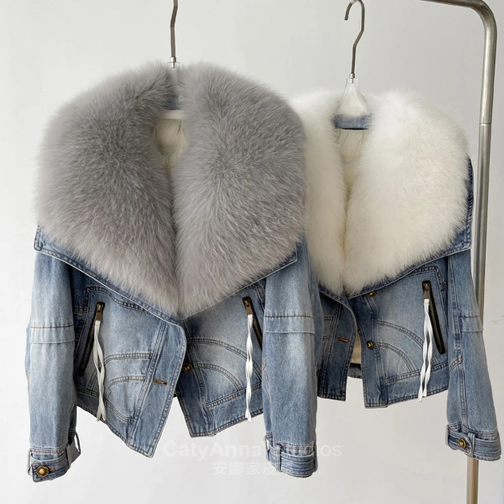 Women's Casual Denim Jacket with Fox Fur Collar