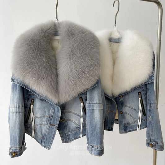 Women's Casual Denim Jacket with Fox Fur Collar