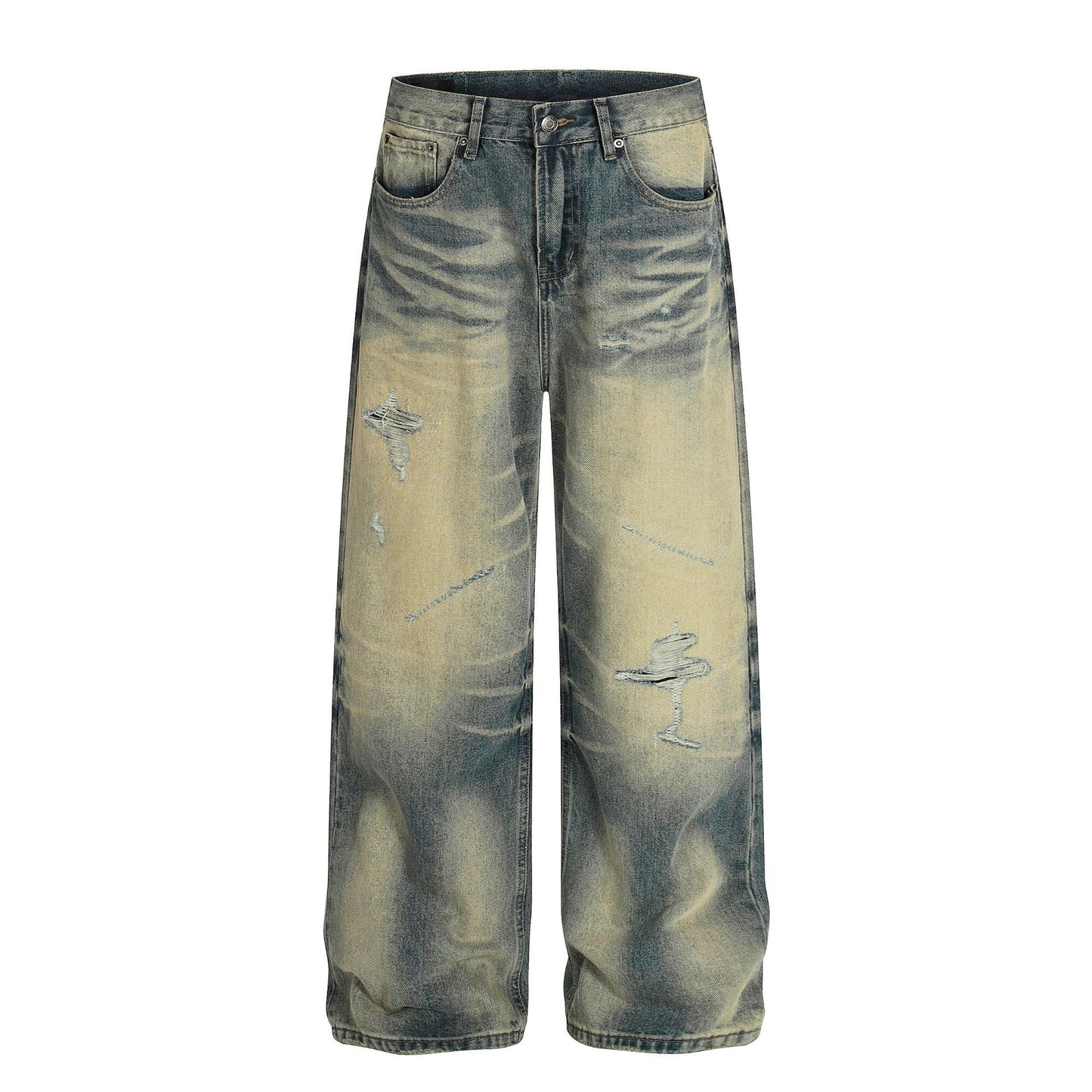 Unisex Vintage Blue Distressed Loose Fit Jeans
