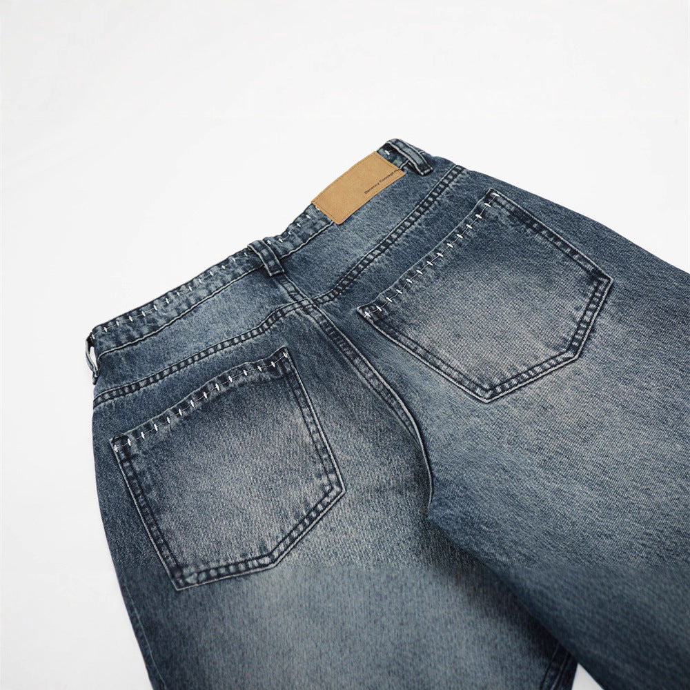 Retro Men's Jeans, Distressed White Catwhisker Straight Leg,  Casual Loose Fit Pants