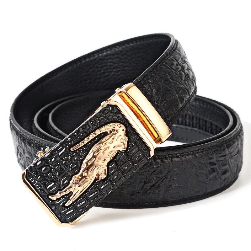 Men's Genuine Leather Belt with Automatic Buckle - Cowhide and Crocodile Pattern