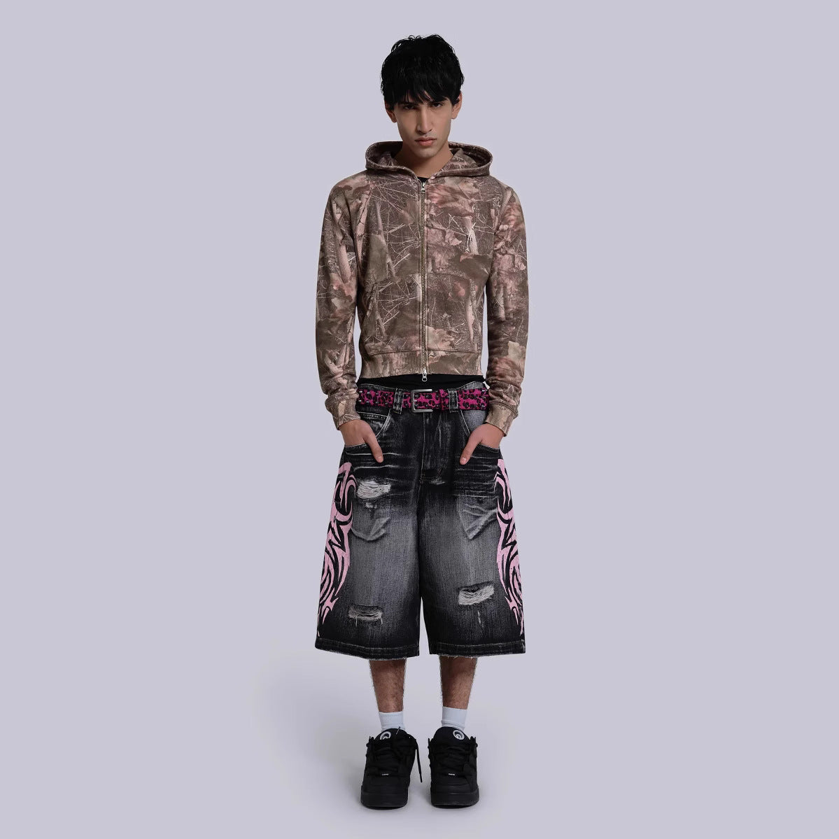 High Street Denim Shorts - Jaded Same Style Totem Print Ripped Wide Leg Pants