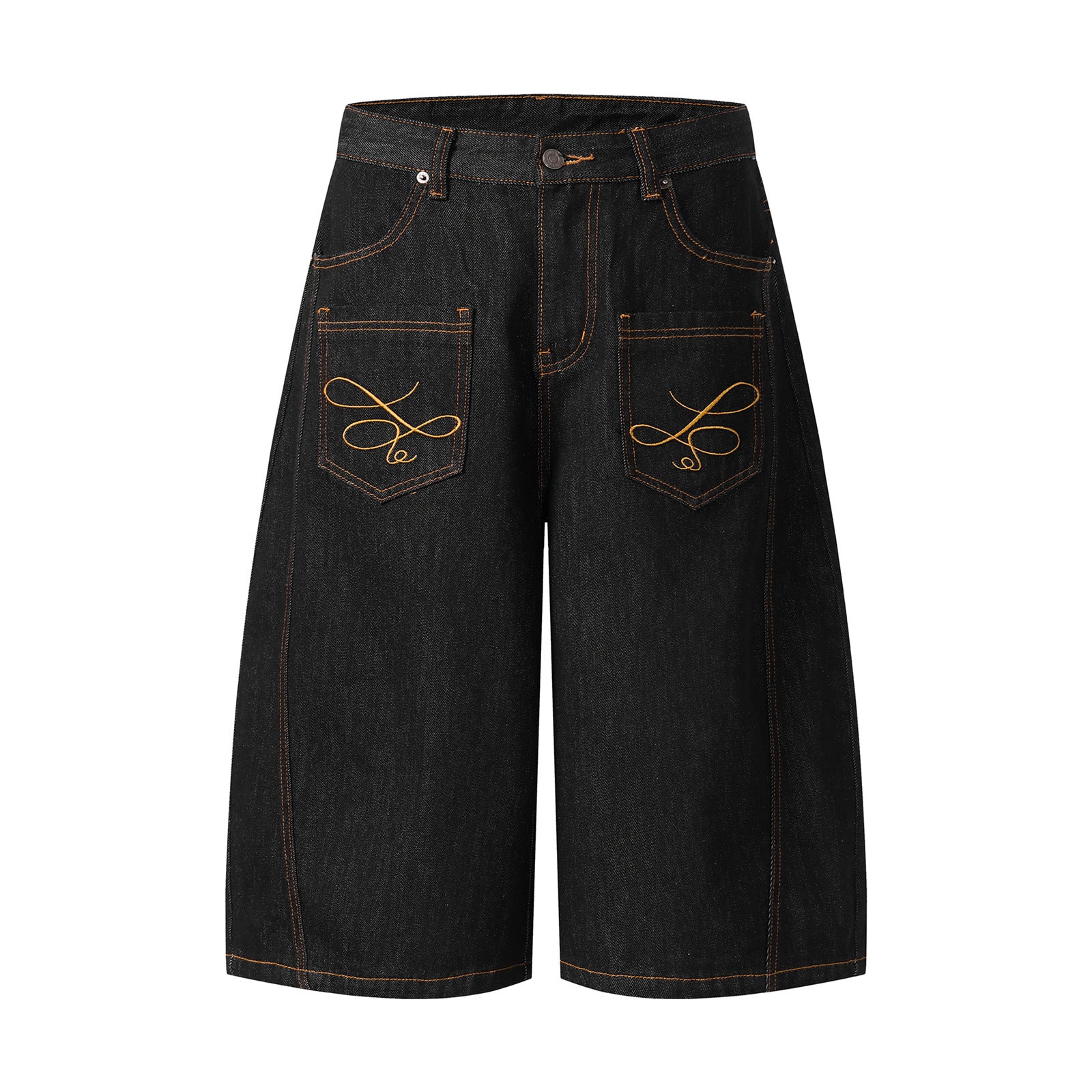 Unisex Curved Knife Denim Embroidered Mid-Length Shorts